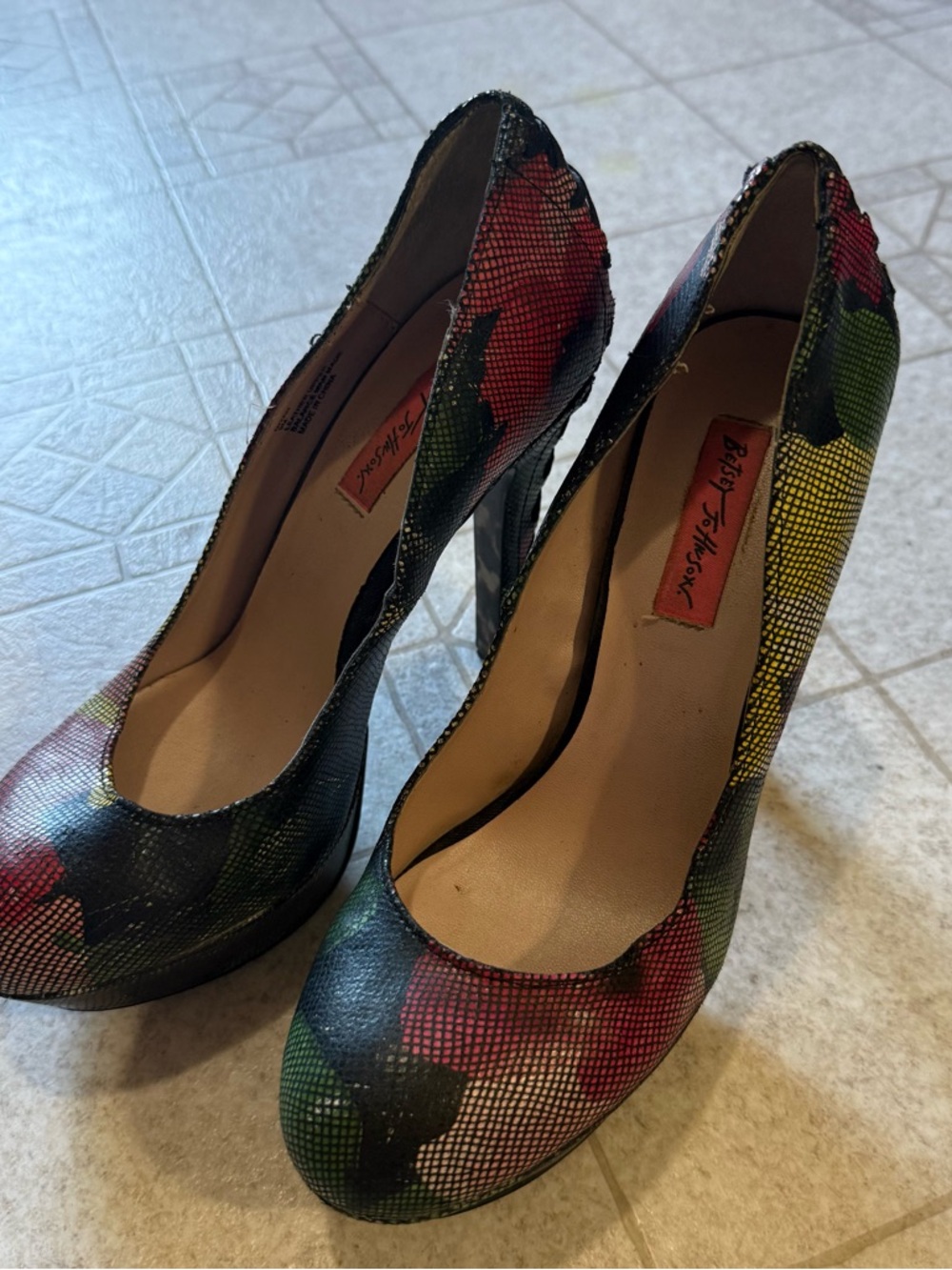 Betsey Johnson Red Green Yellow Floral Platform Pumps
